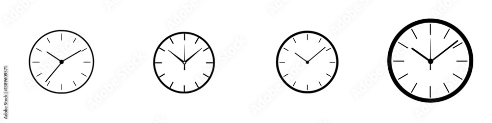 Poster minimalist vector line icons representing various clock designs with different times displayed