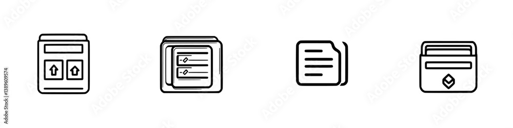 Poster set of minimalist line icons representing various digital activities such as uploading, organizing, 