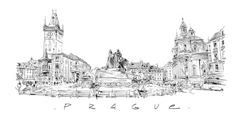 Prague city hand drawn sketch. European city, vector illustration