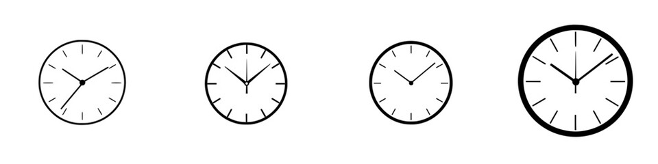 Minimalist vector line icons representing various clock designs with different times displayed