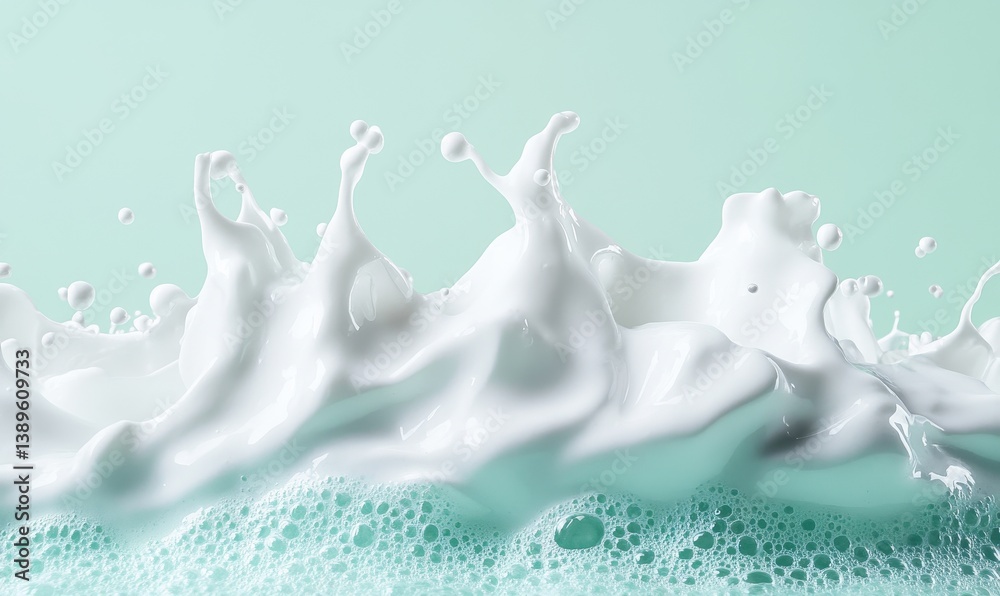 Poster dynamic splash of white liquid foam and bubbles against an aqua green background perfect for clean f