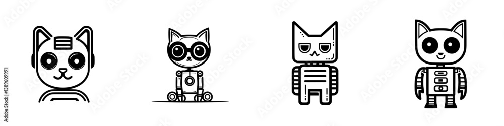 Poster set of vector minimalist line icons depicting robotic cat characters with various designs and expres