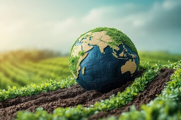 Earth Globe Emerging from Rich Green Crop Field Under Bright Sky Representing Sustainable Agriculture and Environmental Conservation