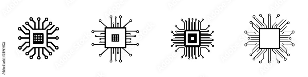 Poster minimalist vector line icons showcasing various computer chip designs for technology and engineering