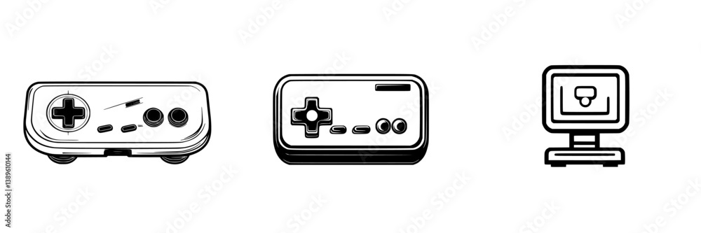 Poster minimalist vector line icons representing gaming controllers and a computer monitor suitable for dig