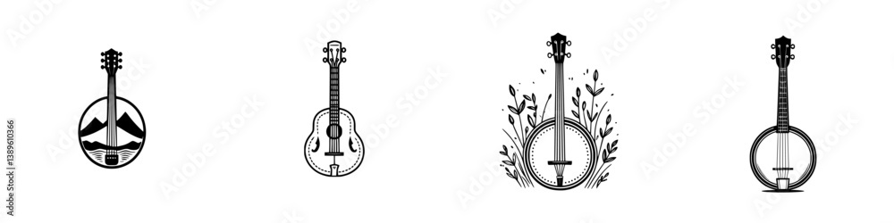 Poster unique vector minimalist line icons depicting various string instruments and nature elements in a cl