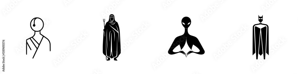 Poster collection of minimalist line icons featuring various fictional characters and representations of di