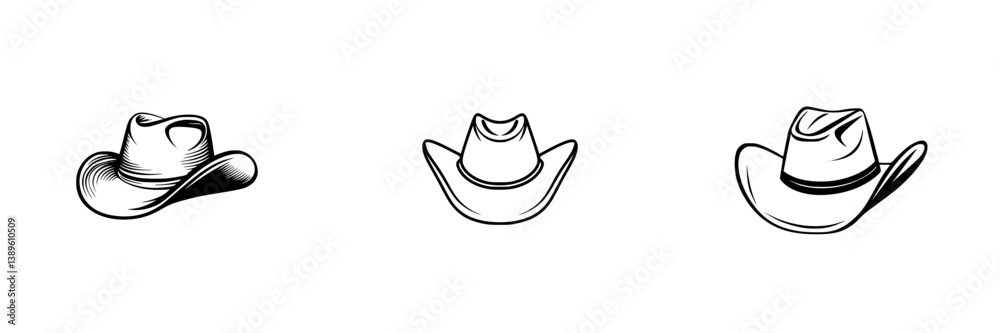 Poster collection of vector minimalist line icons representing various cowboy hats in different orientation