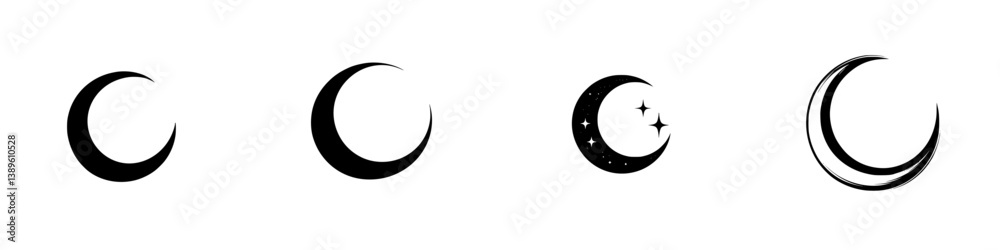 Poster collection of minimalist line icons representing different phases of the moon in vector design