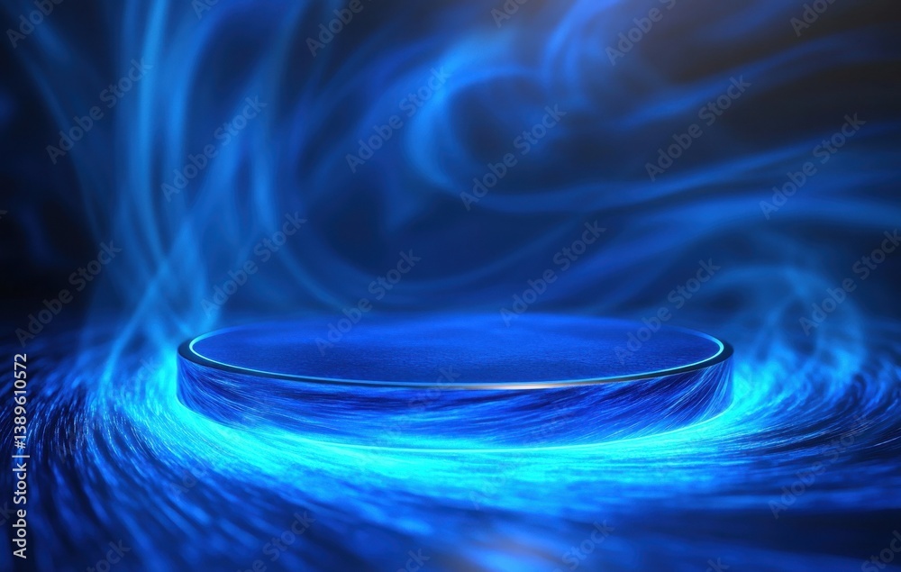 Aufkleber Elegant Blue Podium Platform with Swirling Smoke Effect for Product Display and Presentation on an Abstract Dark Background