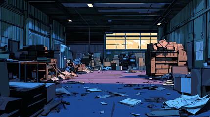Failed venture stories reveal hidden struggles. capture a dimly lit warehouse, where discarded tools and crumpled papers echo dreams once pursued. Obscured Echo. Illustration