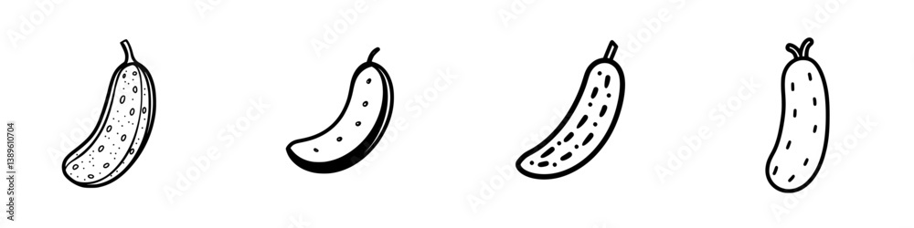 Poster collection of minimalist line icons representing cucumbers in various styles suitable for graphic de