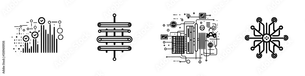 Poster vector minimalist line icons collection featuring technology and data visualization elements