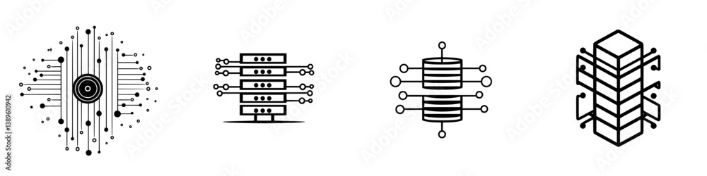 Poster minimalist vector line icons representing technology and data structure concepts in a modern design