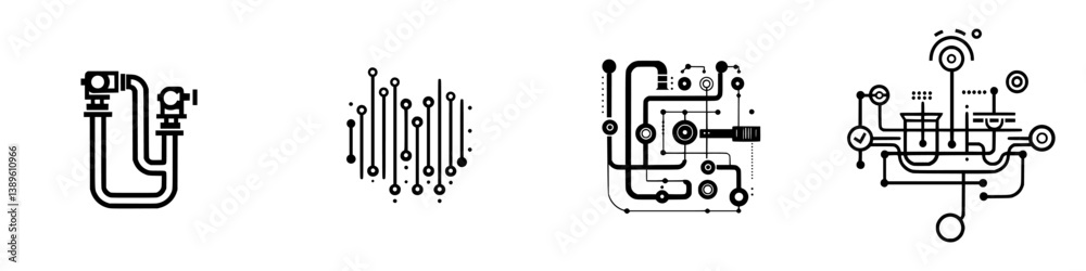 Poster set of minimalist vector line icons featuring various piping and circuit designs for digital project