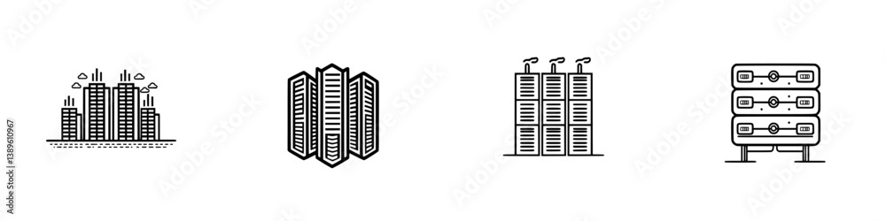 Poster set of minimalistic vector line icons representing urban architecture and data storage elements
