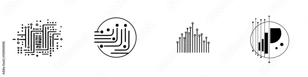 Poster collection of minimalist vector line icons representing technology and digital concepts for creative