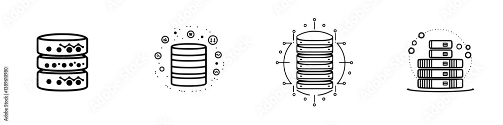 Poster collection of minimalist line icons representing various database designs and concepts suitable for 