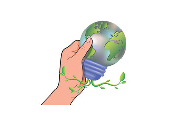 An electric light bulb with a globe of the world, renewable green energy. Modern technologies.
3d vector image, symbol, icon.