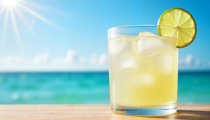 Refreshing margarita with lime on tropical beach in sunlight