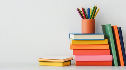 Fototapeta premium A tidy stack of colorful books with a pot of pencils on top, set against a simple white background, creating a vibrant and organized study space.