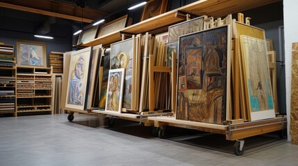 A large room filled with bookshelves and paintings