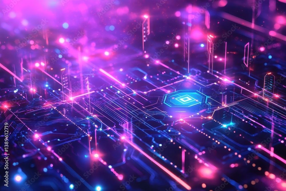 Poster Futuristic Abstract Technology Background with Glowing Blue and Pink Lights and Circuit Board Pattern Depicting High Tech Innovation and Digital Network