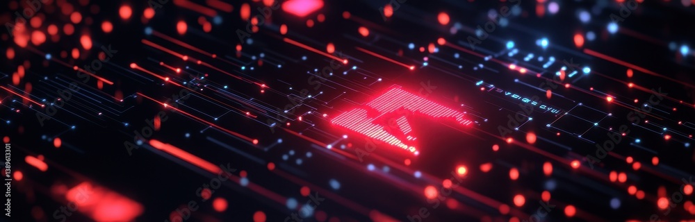 Poster Futuristic Data Stream Network with Glowing Dots and Artificial Intelligence in Red and Blue Light Over Dark Background