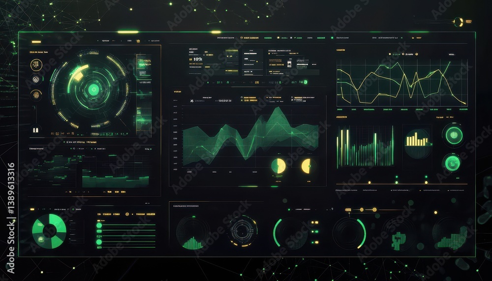Poster Futuristic Digital Dashboard Display with Green Data Charts and Abstract Geometric Interface Elements on Dark Background
