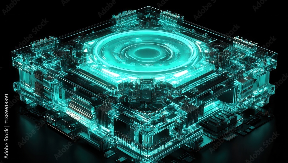Aufkleber Futuristic Glowing Cyber Technology Abstract Illustration on Black Background with Electronic Circuit Neon Cubic Structure Artificial Intelligence Concept