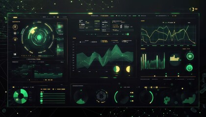 Obraz premium Futuristic Digital Dashboard Display with Green Data Charts and Abstract Geometric Interface Elements on Dark Background