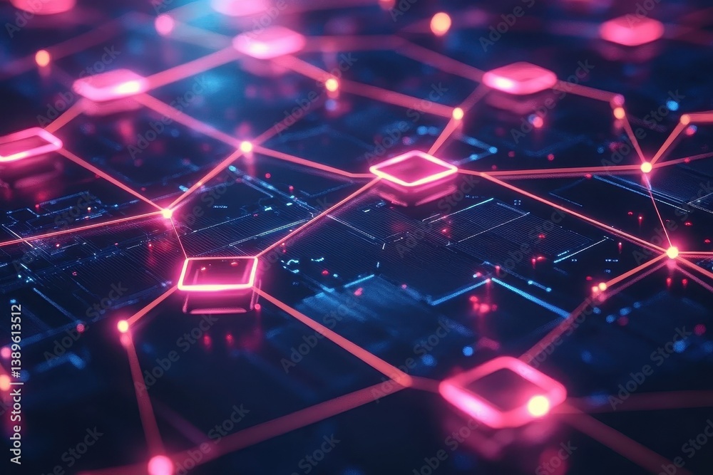 Poster Futuristic Network of Interconnected Glowing Nodes on Blue Circuit Board Background Showing Global Connectivity and Artificial Intelligence in a Modern Digital Design