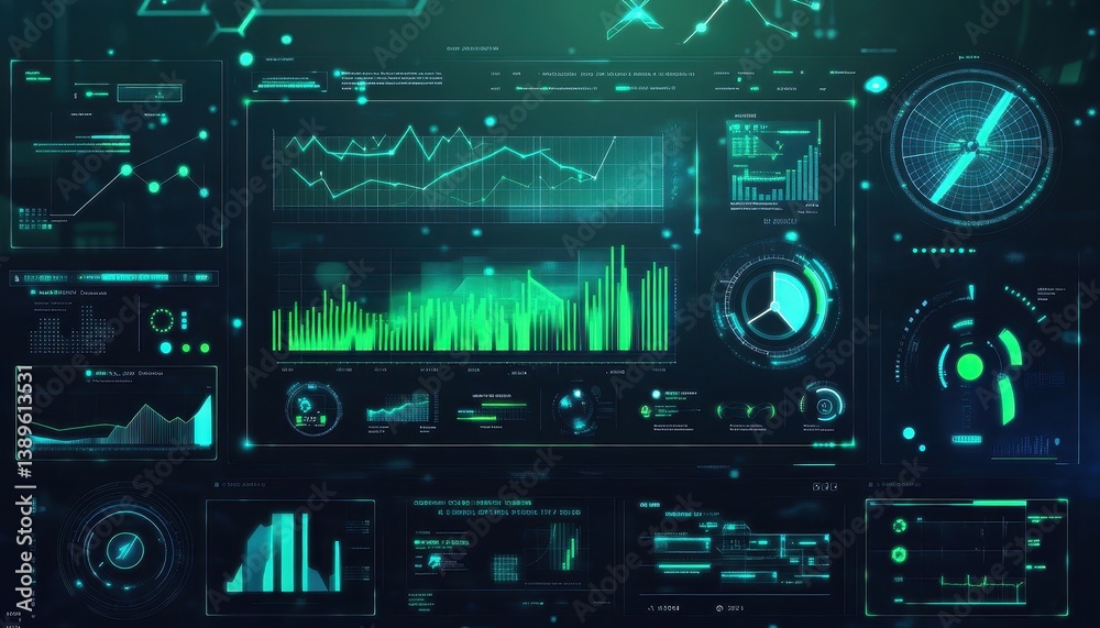 Leinwandbilder Futuristic Interface With Green And Teal Lines Data Displaying Scientific Information Cyberpunk Style For Technology Concept
