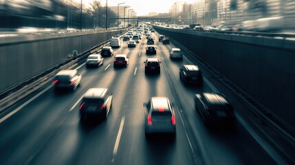 Busy Highway Traffic with Motion Blur Effect on Cars