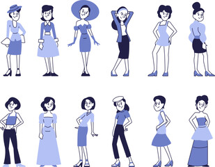 Set of cartoon style female fashion models &ndash; trendy stylized women characters for design, branding, editorial, and advertising