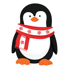 Vector icon little penguin. Penguin cartoon character in red winter knitted scarf with snowflakes