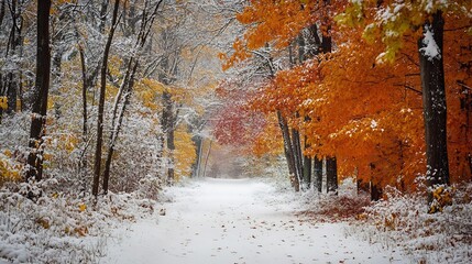 Snowy Path Through Autumnal Forest: A Serene Winter Landscape