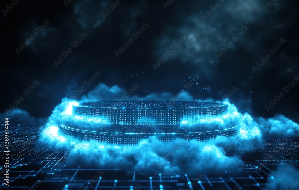 Aufkleber Glowing Blue Cloud Technology Abstract Background with Digital Network Grid and Artificial Intelligence in Cyber Space Futuristic Design