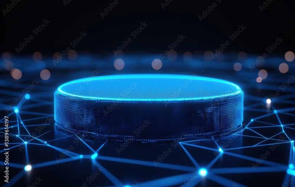 Leinwandbilder Glowing Blue Digital Platform with Network Connections and Geometric Designs in a Dark Futuristic Setting an Abstract Technology Background
