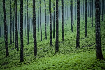 Fototapeta premium Misty forest with evenly spaced trees and a carpet of fresh green undergrowth