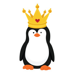 Vector icon little penguin. Penguin cartoon character in golden crown