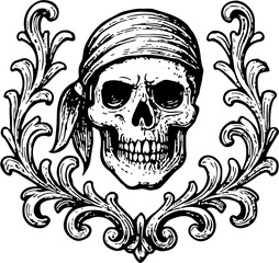 Nautical ornament a pirate skul in sketch style. Vintage illustration © Riszczel