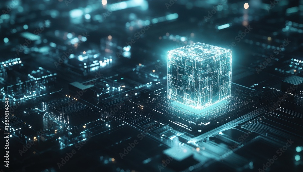 Poster Glowing Cube Floating Above Detailed Circuit Board Pattern with Blue Hues Artificial Intelligence Concept and Futuristic Cyber Network Technology