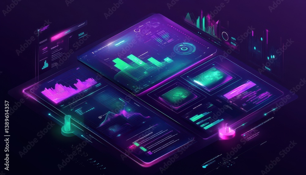 Poster glowing data visualization with neon lights on isometric digital screens depicting abstract charts g