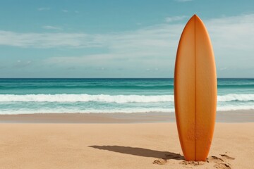 Bright orange surfboard stands against serene beach and gentle w