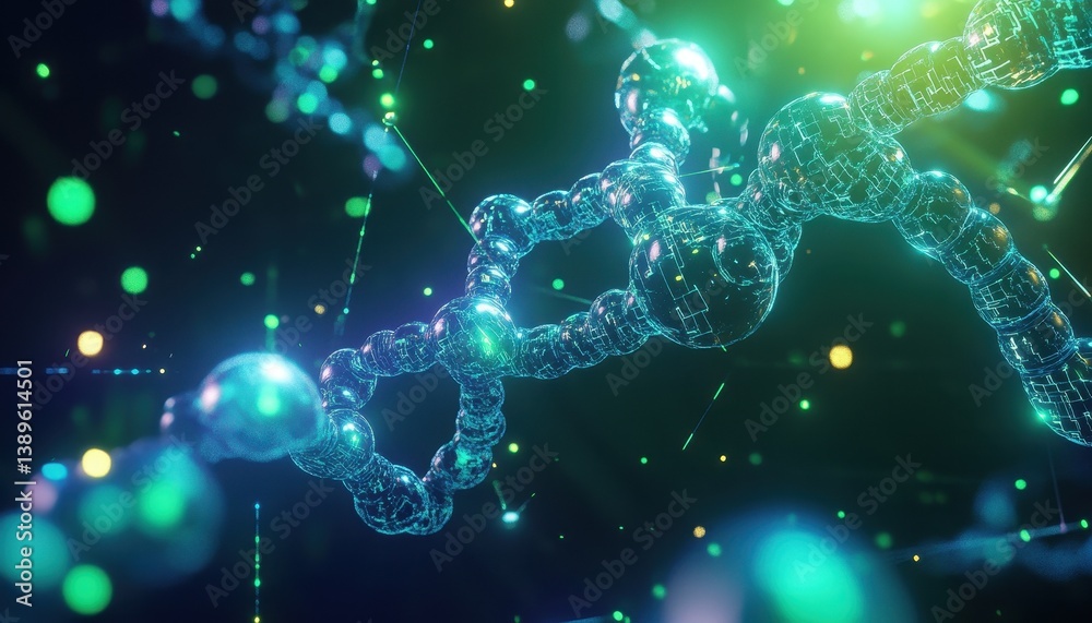 Aufkleber Glowing Dna Molecule Structure with Abstract Background Digital Biotechnology and Medical Research Innovation on Black Backdrop