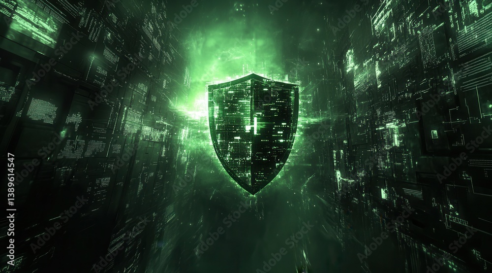 Aufkleber glowing green cyber security shield surrounded by digital data streams and futuristic circuitry for 