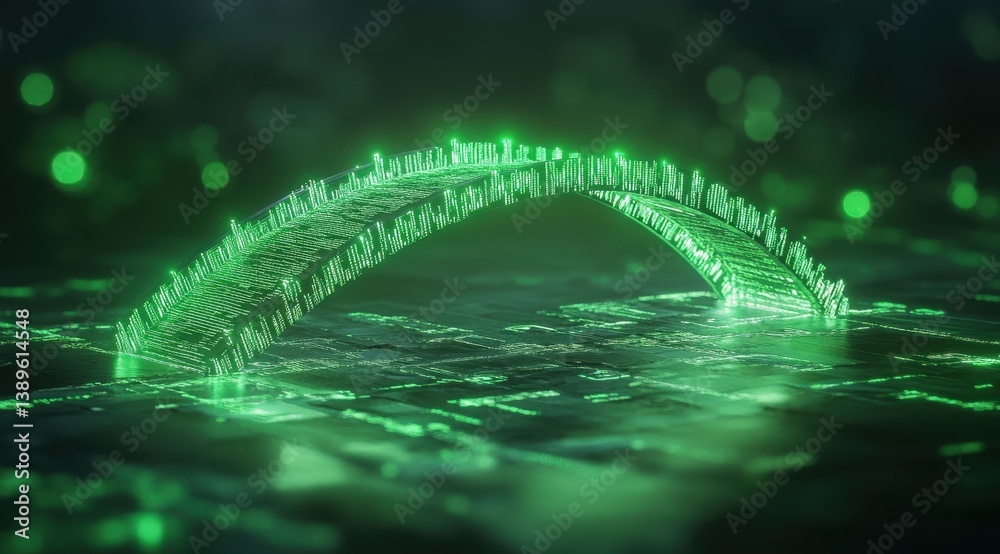 Poster Glowing Green Fiber Optic Bridge with Cyberpunk and Futuristic Aesthetic Over Dark Reflective Surface in a 3D Render with Metallic Undertones and Geometric Design Elements
