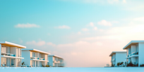 Fototapeta premium row of resorts in Maldives with defocused background of blue sky 