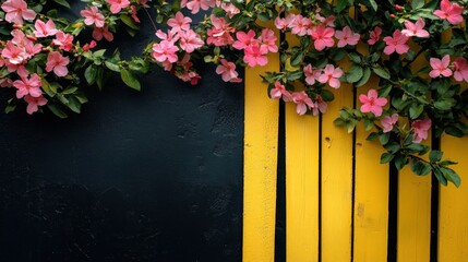 Fototapeta premium Pink Flowers Hanging Over Yellow Wood